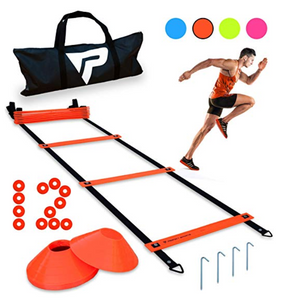 Pro Agility Ladder and Cones - 15 ft Fixed-Rung Speed Ladder with 12 Disc Cones for Soccer, Football, Sports, Exercise, Workout, Footwork Training - Includes 4 Metal Stakes and Heavy Duty Carry Bag